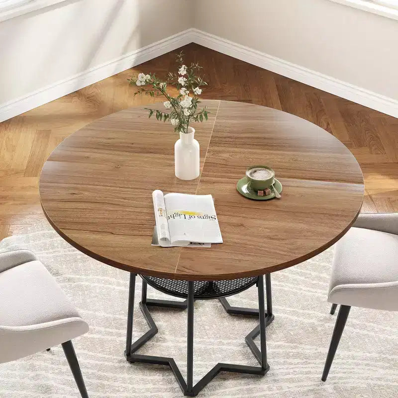 Round Dining Table, 38.2 Circle Kitchen Table with Storage, 17.7 W Round Mesh Storage Rack, Heavy Duty Hexagonal Metal Base (4 Pieces of Desktop)