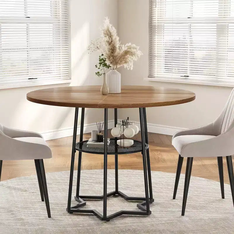 Round Dining Table, 38.2 Circle Kitchen Table with Storage, 17.7 W Round Mesh Storage Rack, Heavy Duty Hexagonal Metal Base (4 Pieces of Desktop)