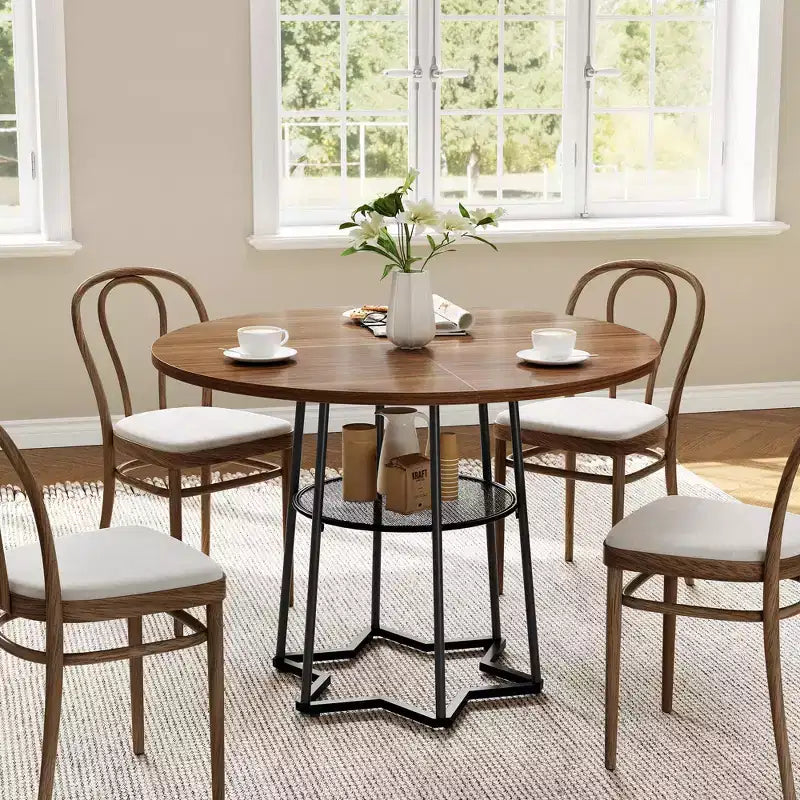Round Dining Table, 38.2 Circle Kitchen Table with Storage, 17.7 W Round Mesh Storage Rack, Heavy Duty Hexagonal Metal Base (4 Pieces of Desktop)