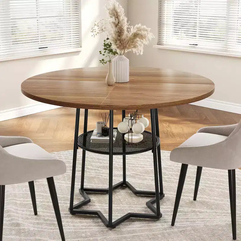 Round Dining Table, 38.2 Circle Kitchen Table with Storage, 17.7 W Round Mesh Storage Rack, Heavy Duty Hexagonal Metal Base (4 Pieces of Desktop)