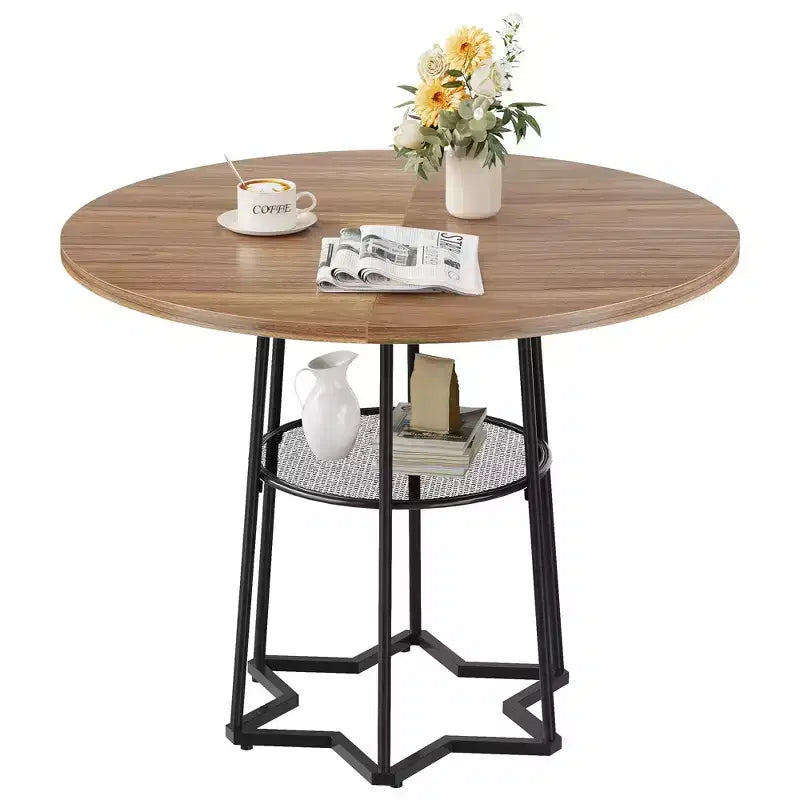 Round Dining Table, 38.2 Circle Kitchen Table with Storage, 17.7 W Round Mesh Storage Rack, Heavy Duty Hexagonal Metal Base (4 Pieces of Desktop)