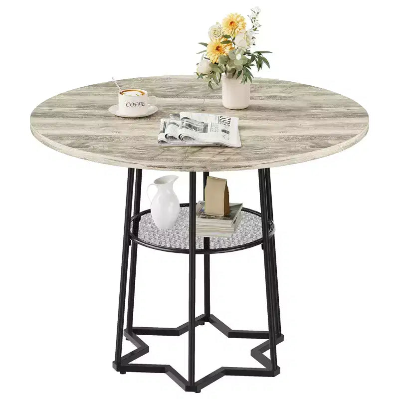 Round Dining Table, 38.2 Circle Kitchen Table with Storage, 17.7 W Round Mesh Storage Rack, Heavy Duty Hexagonal Metal Base (4 Pieces of Desktop)