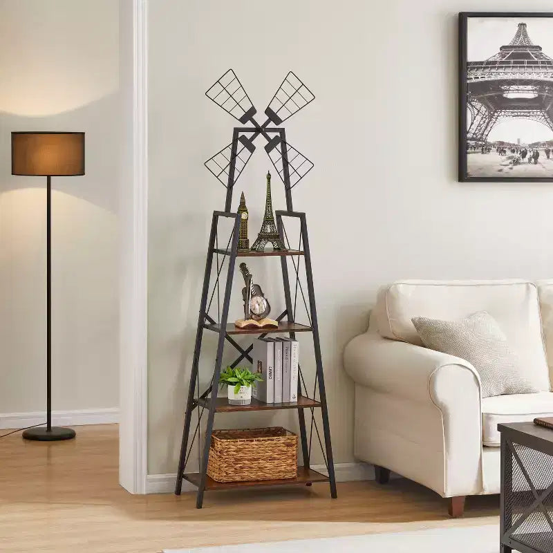 4 Tier Narrow Bookshelf with Windmills decorated Rustic Brown and Black