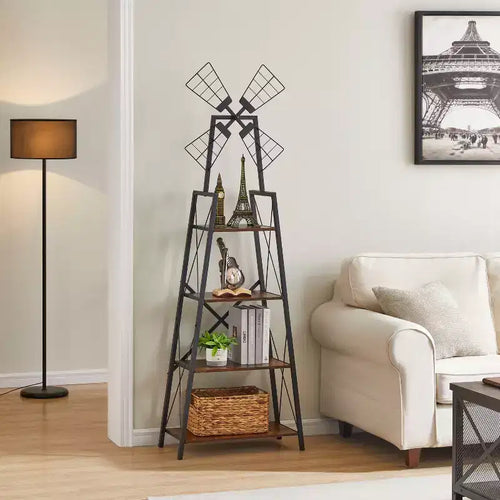 4 Tier Narrow Bookshelf with Windmills decorated Rustic Brown and Black