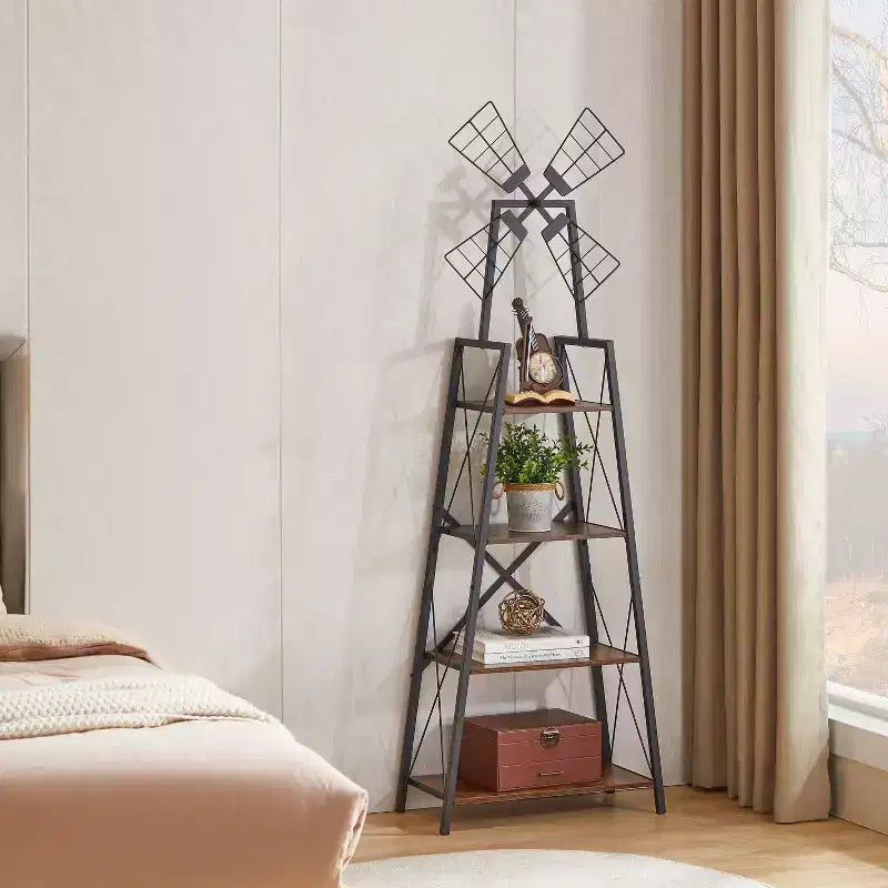 4 Tier Narrow Bookshelf with Windmills decorated Rustic Brown and Black