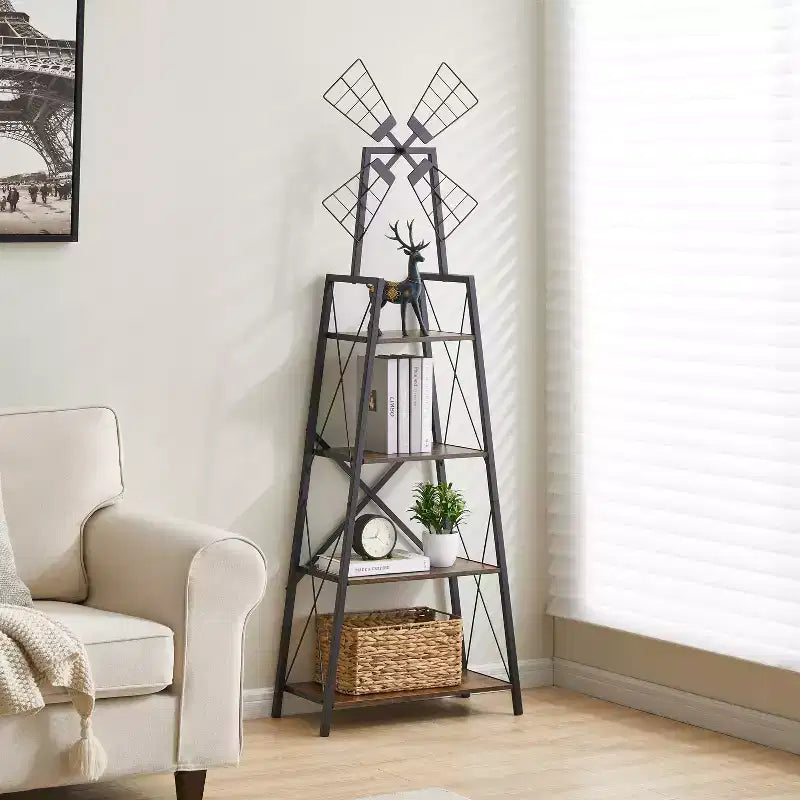 4 Tier Narrow Bookshelf with Windmills decorated Rustic Brown and Black