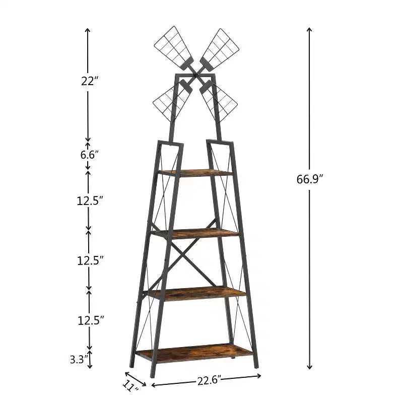 4 Tier Narrow Bookshelf with Windmills decorated Rustic Brown and Black