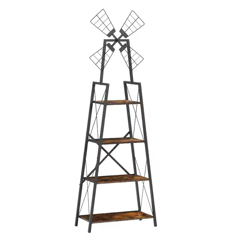 4 Tier Narrow Bookshelf with Windmills decorated Rustic Brown and Black