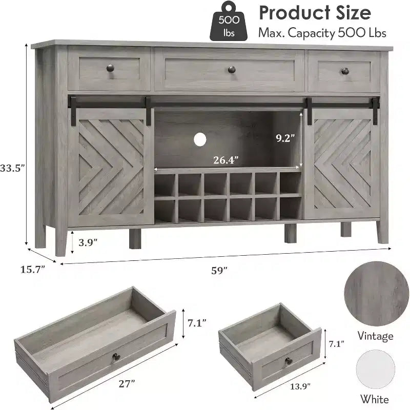 47.2 Farmhouse Buffet Cabinet, Rustic Sideboard with Sliding Doors, 3 Drawers, Adjustable Shelves, Removable Wine Rack, White