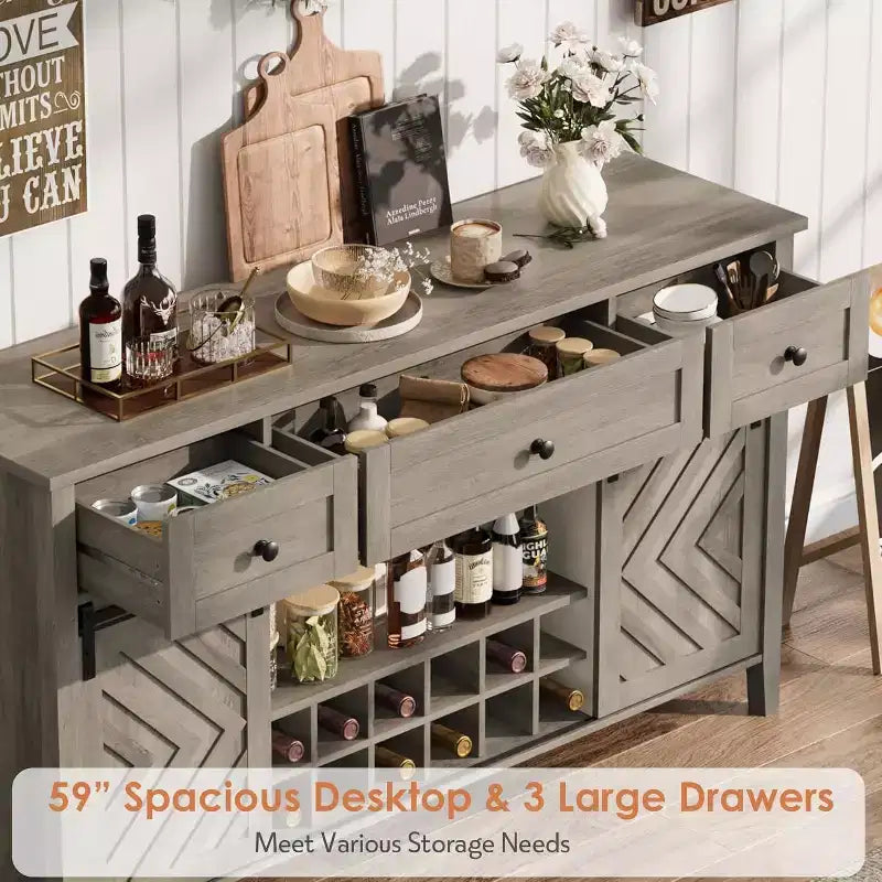 47.2 Farmhouse Buffet Cabinet, Rustic Sideboard with Sliding Doors, 3 Drawers, Adjustable Shelves, Removable Wine Rack, White