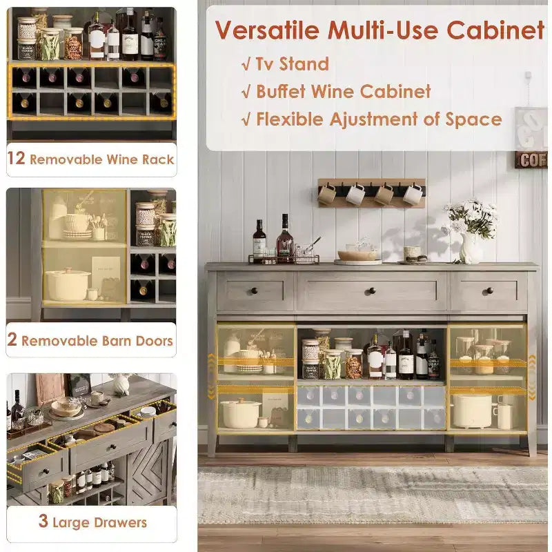 47.2 Farmhouse Buffet Cabinet, Rustic Sideboard with Sliding Doors, 3 Drawers, Adjustable Shelves, Removable Wine Rack, White