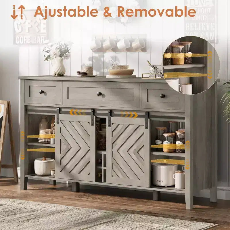 47.2 Farmhouse Buffet Cabinet, Rustic Sideboard with Sliding Doors, 3 Drawers, Adjustable Shelves, Removable Wine Rack, White