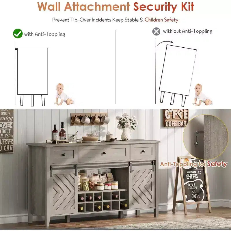 47.2 Farmhouse Buffet Cabinet, Rustic Sideboard with Sliding Doors, 3 Drawers, Adjustable Shelves, Removable Wine Rack, White