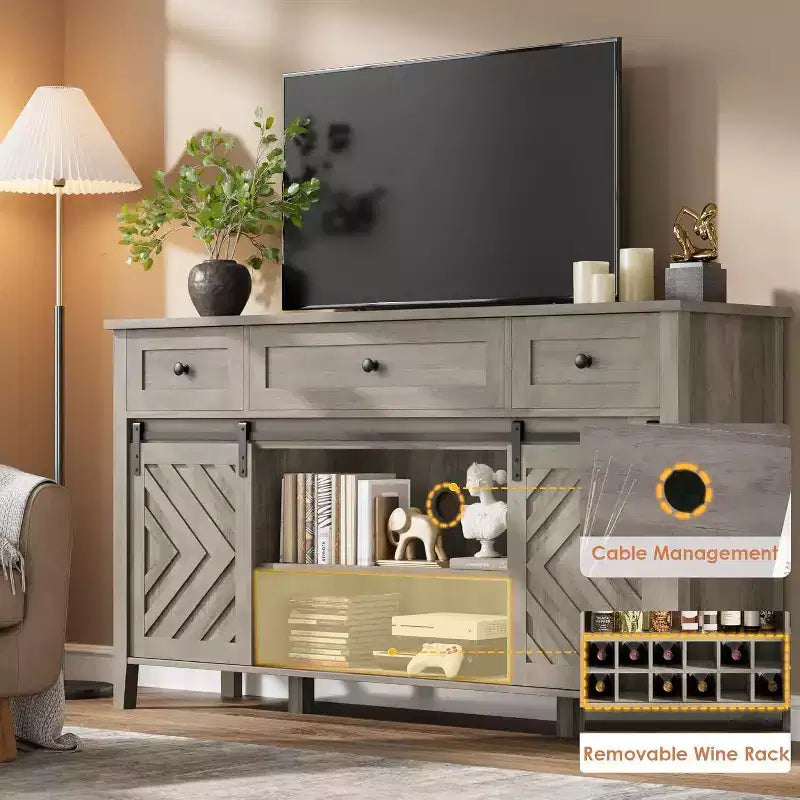 47.2 Farmhouse Buffet Cabinet, Rustic Sideboard with Sliding Doors, 3 Drawers, Adjustable Shelves, Removable Wine Rack, White