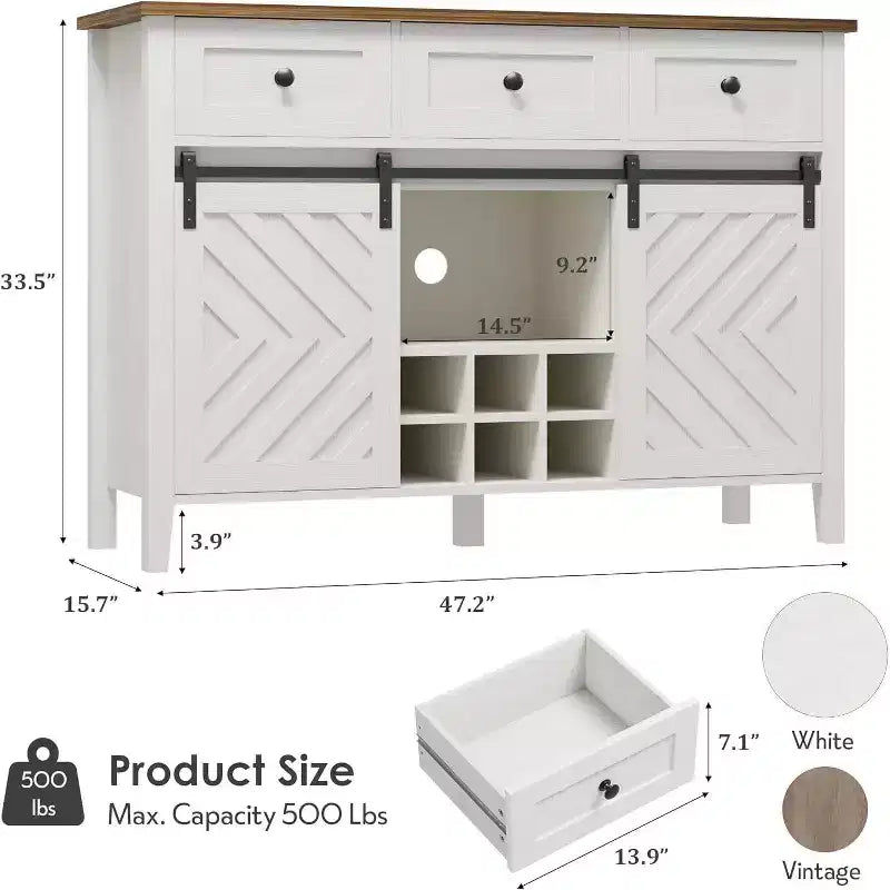 47.2 Farmhouse Buffet Cabinet, Rustic Sideboard with Sliding Doors, 3 Drawers, Adjustable Shelves, Removable Wine Rack, White