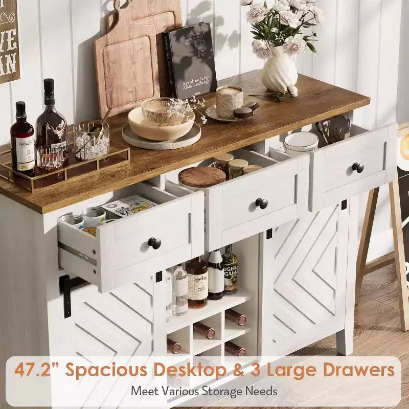 47.2 Farmhouse Buffet Cabinet, Rustic Sideboard with Sliding Doors, 3 Drawers, Adjustable Shelves, Removable Wine Rack, White