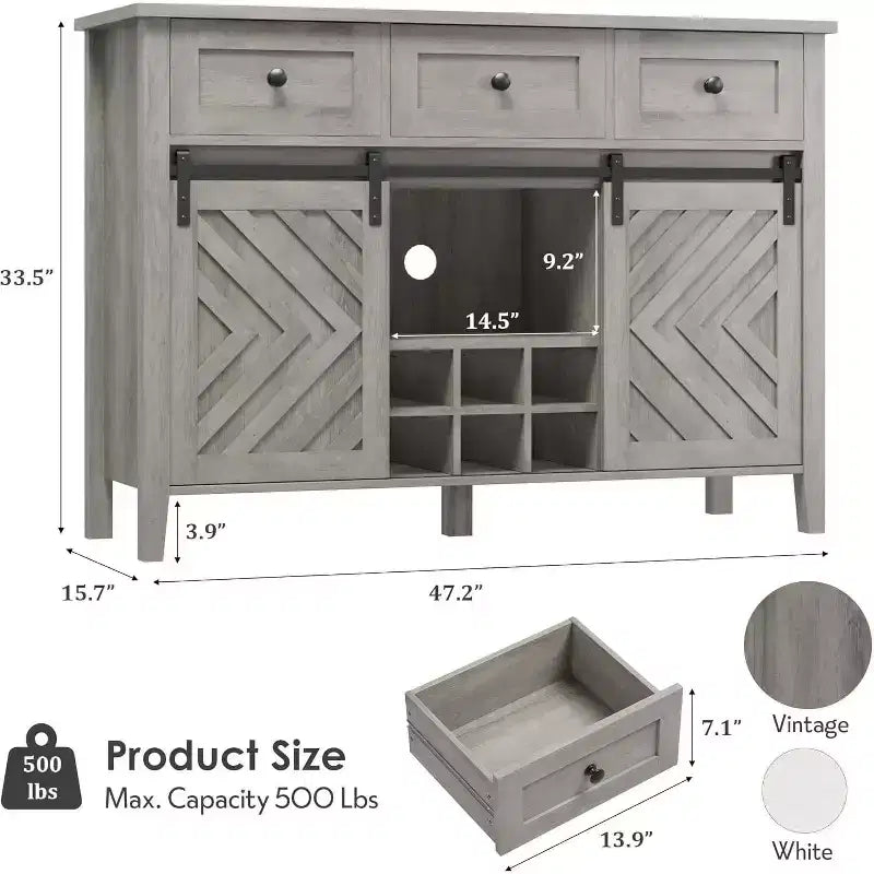 47.2 Farmhouse Buffet Cabinet, Rustic Sideboard with Sliding Doors, 3 Drawers, Adjustable Shelves, Removable Wine Rack, White