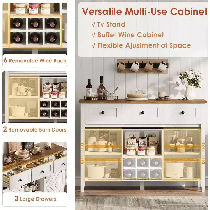 47.2 Farmhouse Buffet Cabinet, Rustic Sideboard with Sliding Doors, 3 Drawers, Adjustable Shelves, Removable Wine Rack, White