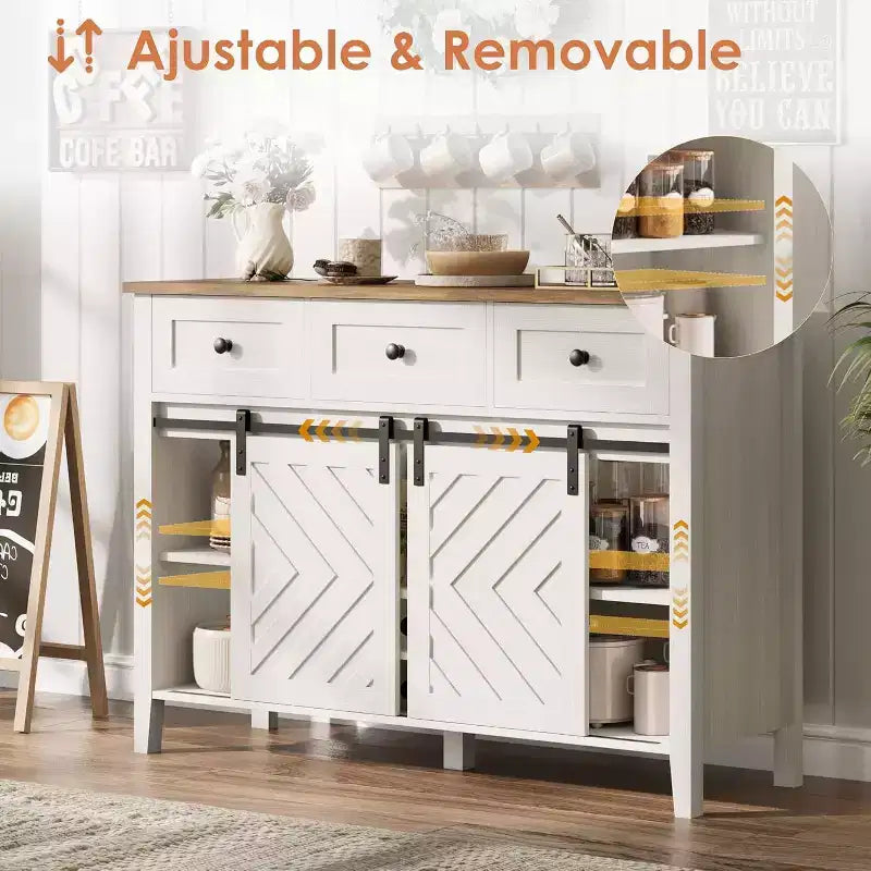 47.2 Farmhouse Buffet Cabinet, Rustic Sideboard with Sliding Doors, 3 Drawers, Adjustable Shelves, Removable Wine Rack, White
