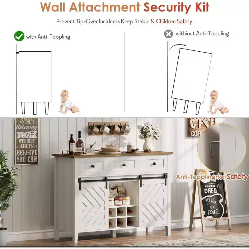47.2 Farmhouse Buffet Cabinet, Rustic Sideboard with Sliding Doors, 3 Drawers, Adjustable Shelves, Removable Wine Rack, White