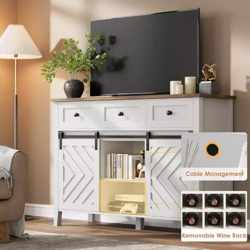 47.2 Farmhouse Buffet Cabinet, Rustic Sideboard with Sliding Doors, 3 Drawers, Adjustable Shelves, Removable Wine Rack, White