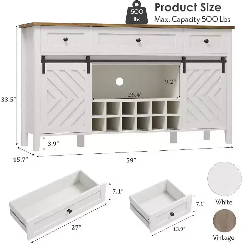 47.2 Farmhouse Buffet Cabinet, Rustic Sideboard with Sliding Doors, 3 Drawers, Adjustable Shelves, Removable Wine Rack, White