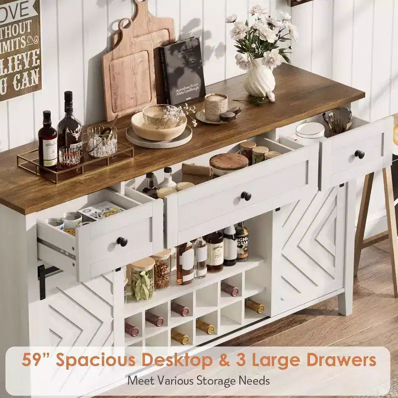 47.2 Farmhouse Buffet Cabinet, Rustic Sideboard with Sliding Doors, 3 Drawers, Adjustable Shelves, Removable Wine Rack, White