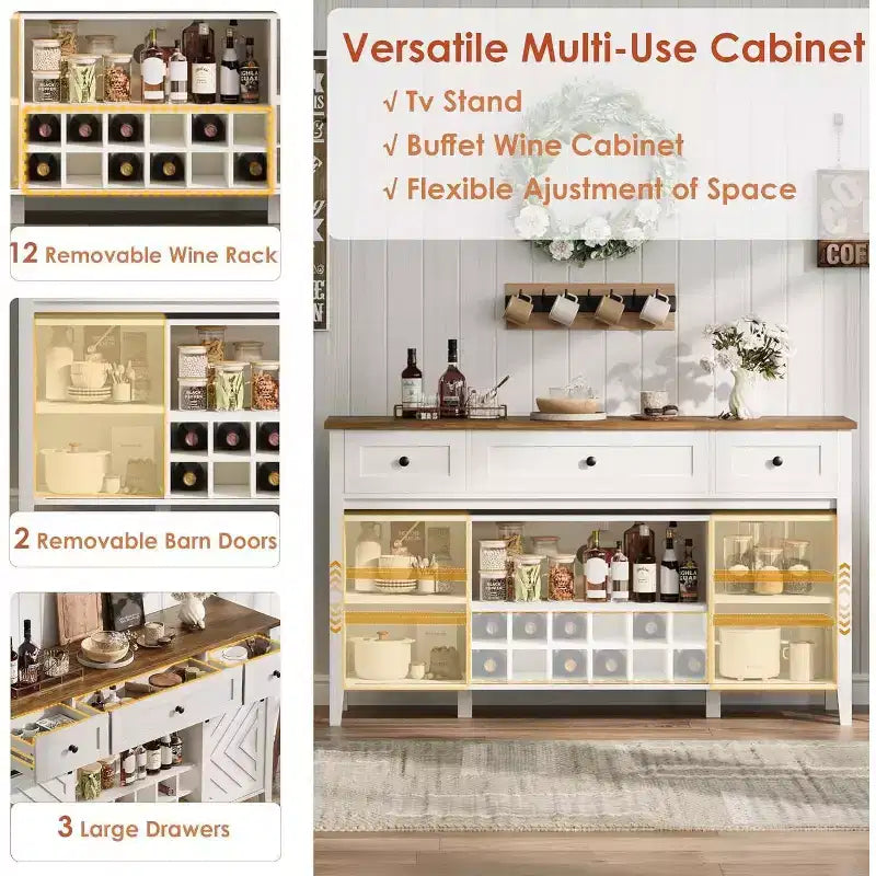 47.2 Farmhouse Buffet Cabinet, Rustic Sideboard with Sliding Doors, 3 Drawers, Adjustable Shelves, Removable Wine Rack, White