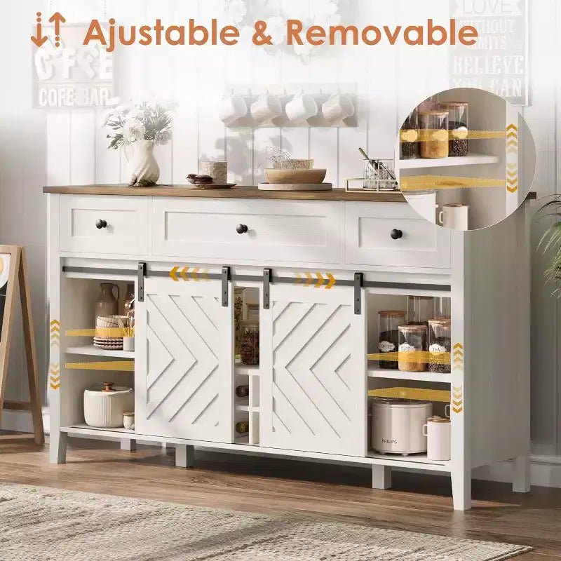 47.2 Farmhouse Buffet Cabinet, Rustic Sideboard with Sliding Doors, 3 Drawers, Adjustable Shelves, Removable Wine Rack, White
