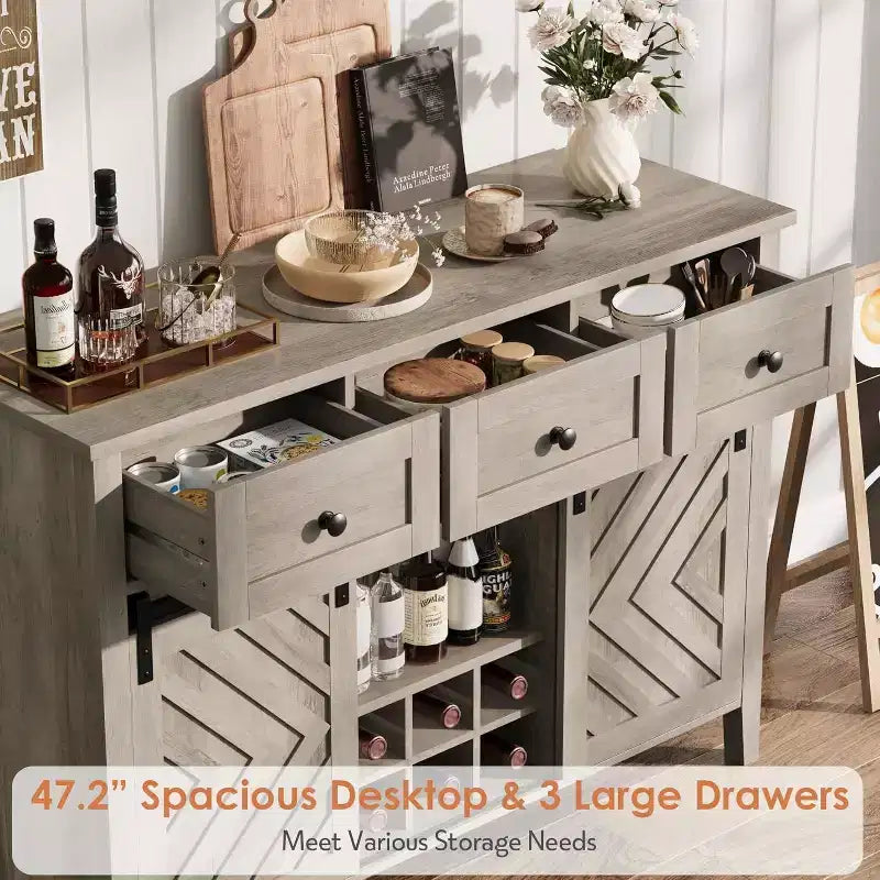 47.2 Farmhouse Buffet Cabinet, Rustic Sideboard with Sliding Doors, 3 Drawers, Adjustable Shelves, Removable Wine Rack, White