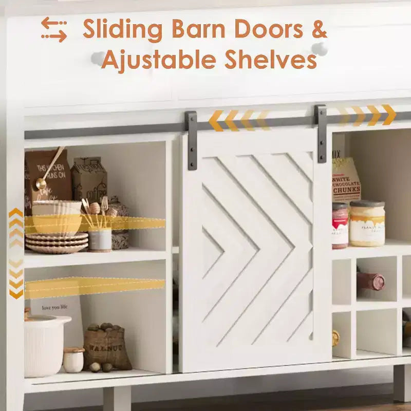 47.2 Farmhouse Buffet Cabinet, Rustic Sideboard with Sliding Doors, 3 Drawers, Adjustable Shelves, Removable Wine Rack, White
