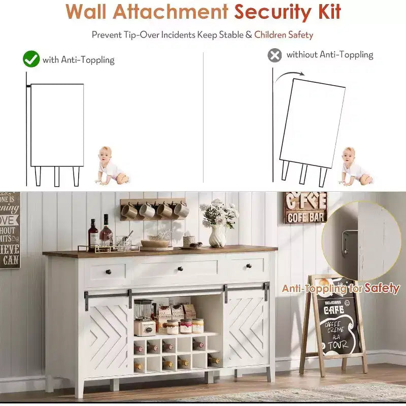 47.2 Farmhouse Buffet Cabinet, Rustic Sideboard with Sliding Doors, 3 Drawers, Adjustable Shelves, Removable Wine Rack, White