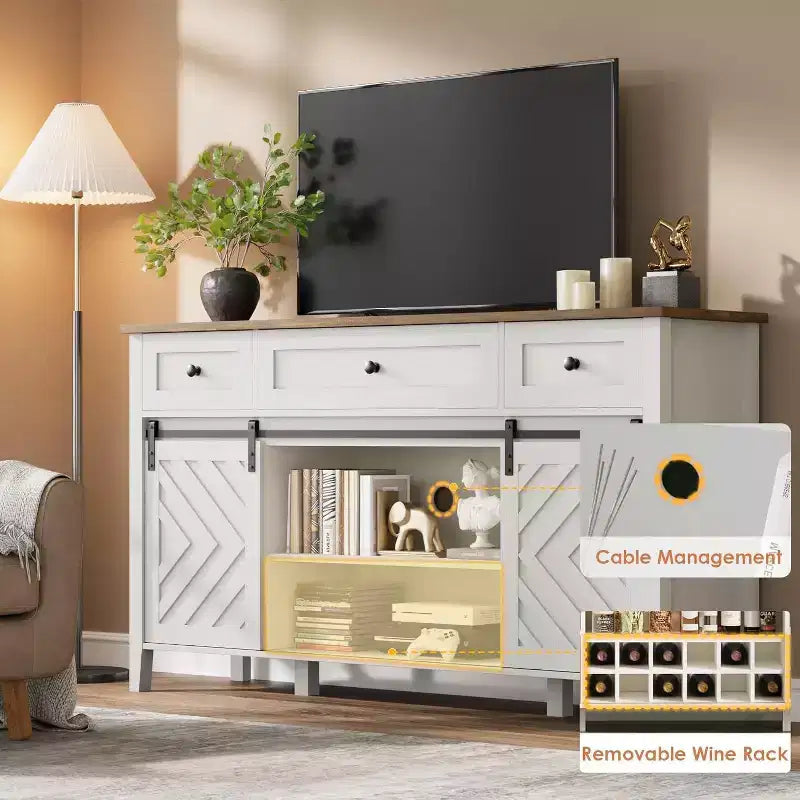 47.2 Farmhouse Buffet Cabinet, Rustic Sideboard with Sliding Doors, 3 Drawers, Adjustable Shelves, Removable Wine Rack, White
