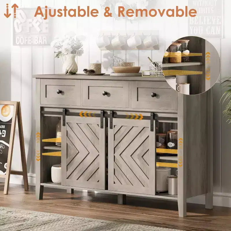 47.2 Farmhouse Buffet Cabinet, Rustic Sideboard with Sliding Doors, 3 Drawers, Adjustable Shelves, Removable Wine Rack, White