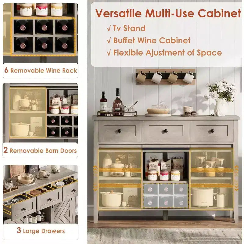 47.2 Farmhouse Buffet Cabinet, Rustic Sideboard with Sliding Doors, 3 Drawers, Adjustable Shelves, Removable Wine Rack, White