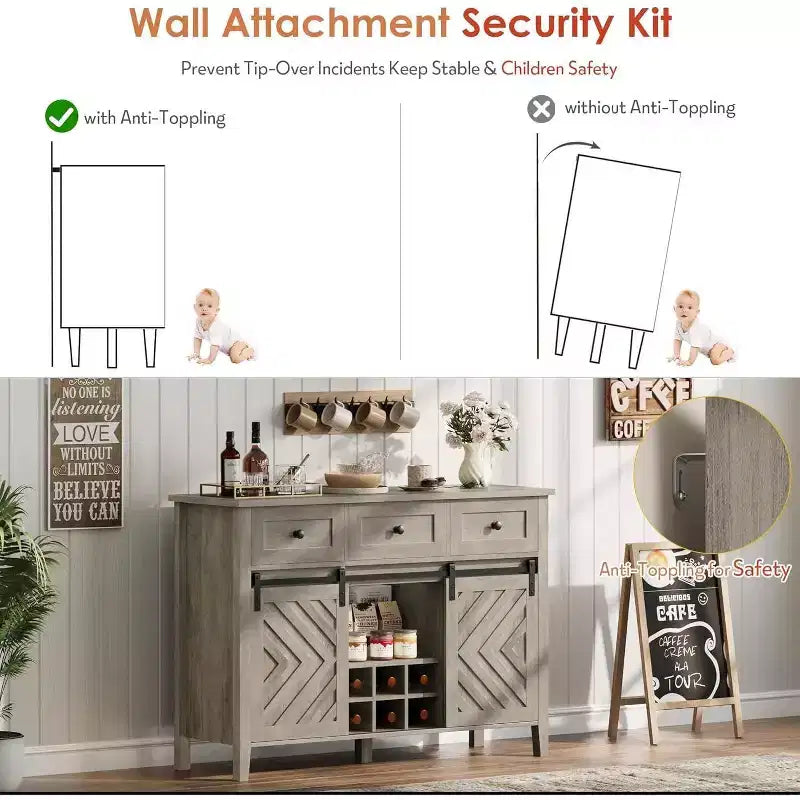47.2 Farmhouse Buffet Cabinet, Rustic Sideboard with Sliding Doors, 3 Drawers, Adjustable Shelves, Removable Wine Rack, White