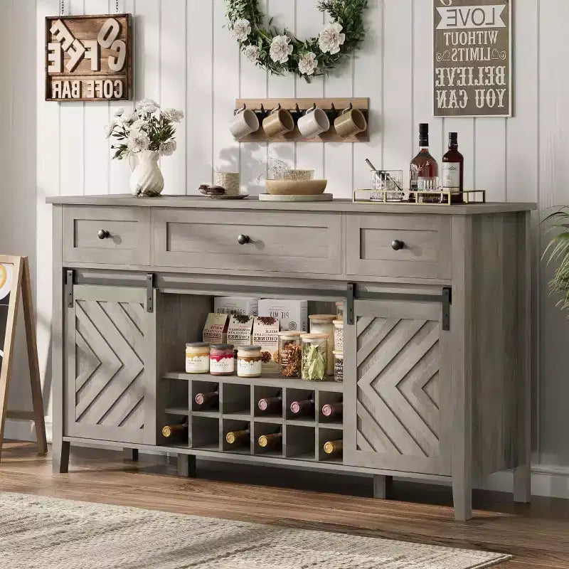 47.2 Farmhouse Buffet Cabinet, Rustic Sideboard with Sliding Doors, 3 Drawers, Adjustable Shelves, Removable Wine Rack, White