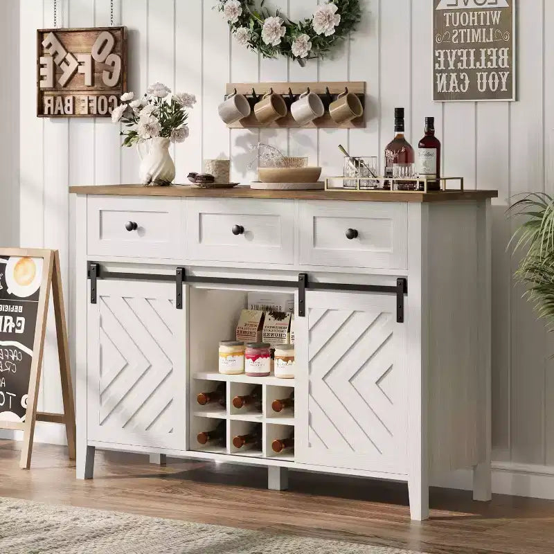 47.2 Farmhouse Buffet Cabinet, Rustic Sideboard with Sliding Doors, 3 Drawers, Adjustable Shelves, Removable Wine Rack, White