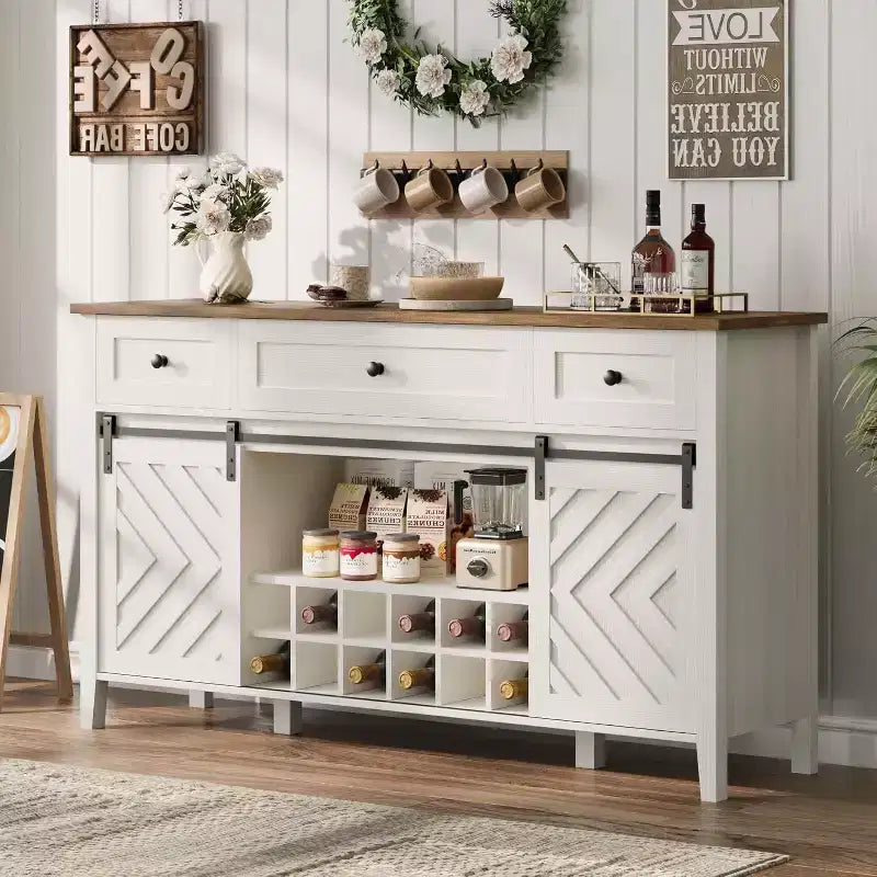 47.2 Farmhouse Buffet Cabinet, Rustic Sideboard with Sliding Doors, 3 Drawers, Adjustable Shelves, Removable Wine Rack, White