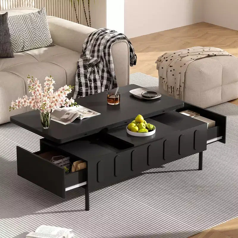 Modern Coffee Table with Rattan Drawer & Dual-Tier Storage, 2-Level Shelf Design Center Table for Living Room