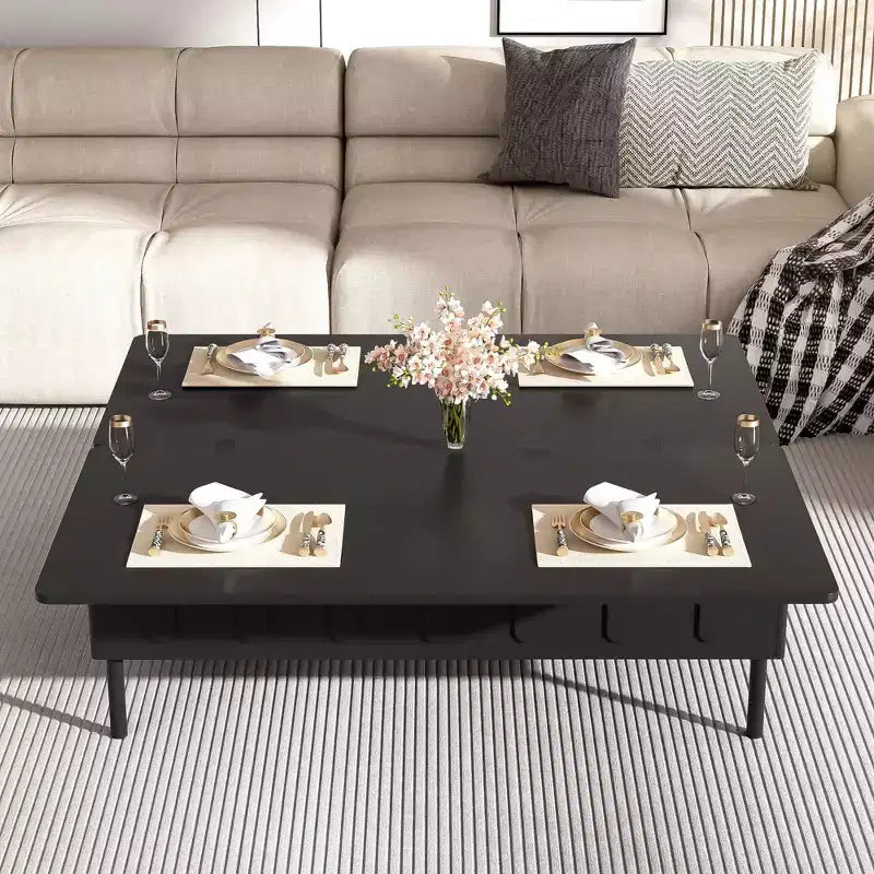 Modern Coffee Table with Rattan Drawer & Dual-Tier Storage, 2-Level Shelf Design Center Table for Living Room