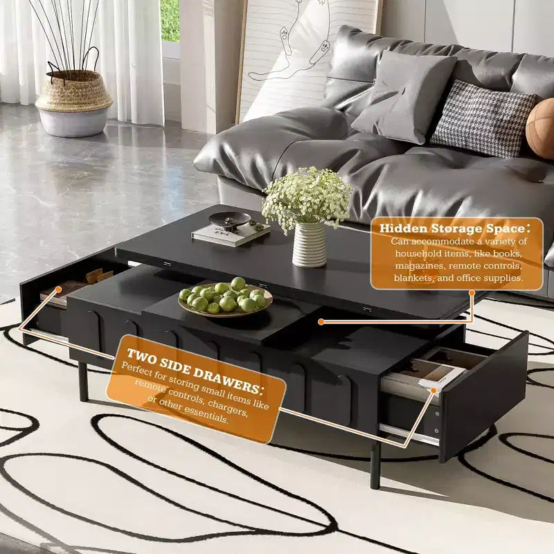 Modern Coffee Table with Rattan Drawer & Dual-Tier Storage, 2-Level Shelf Design Center Table for Living Room