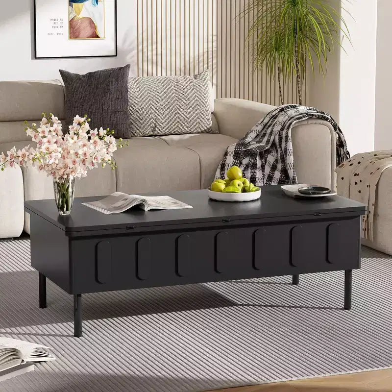 Modern Coffee Table with Rattan Drawer & Dual-Tier Storage, 2-Level Shelf Design Center Table for Living Room