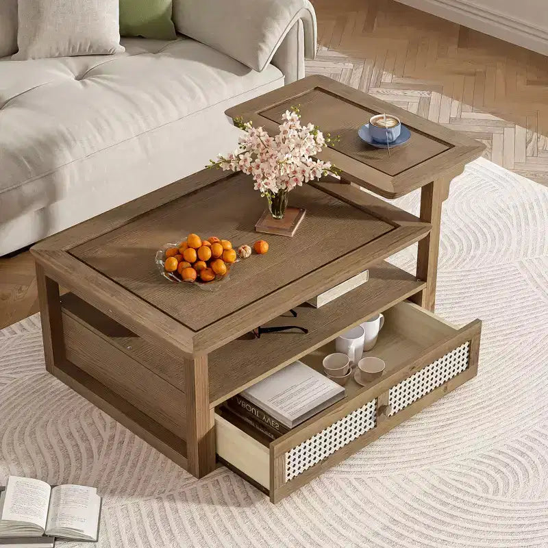 Modern Coffee Table with Rattan Drawer & Dual-Tier Storage, 2-Level Shelf Design Center Table for Living Room