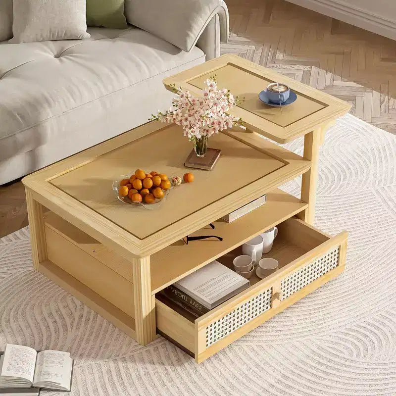 Okak Modern Coffee Table with Rattan Drawer & Dual-Tier Storage, 2-Level Shelf Design Center Table for Living Room