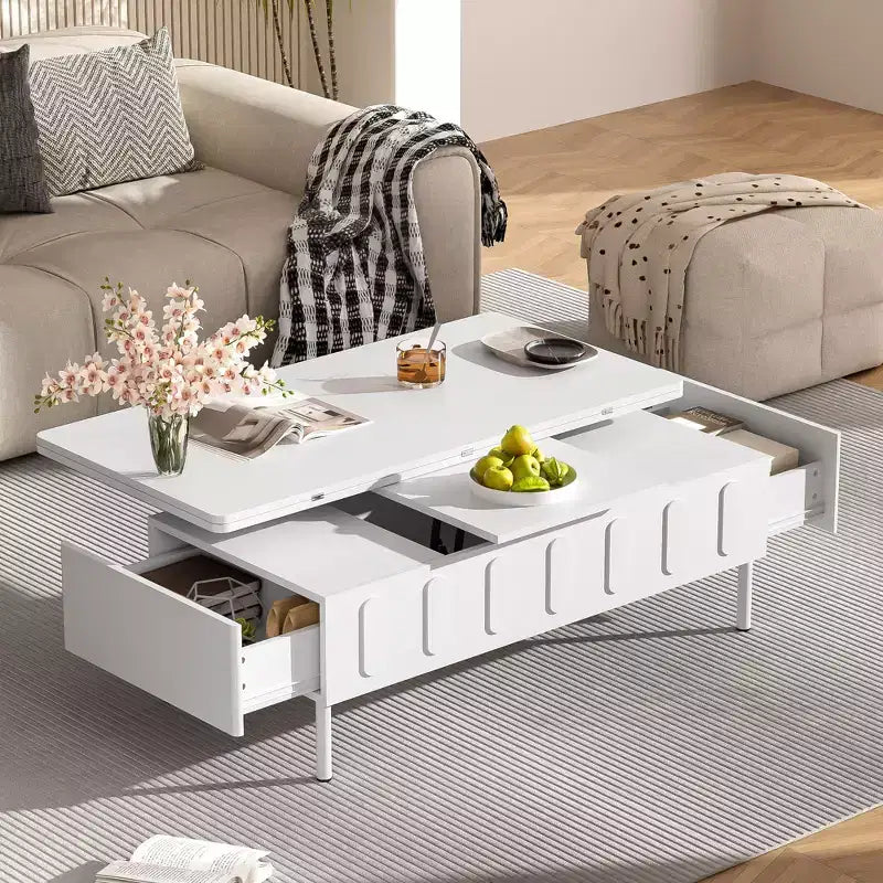 Modern Coffee Table with Rattan Drawer & Dual-Tier Storage, 2-Level Shelf Design Center Table for Living Room