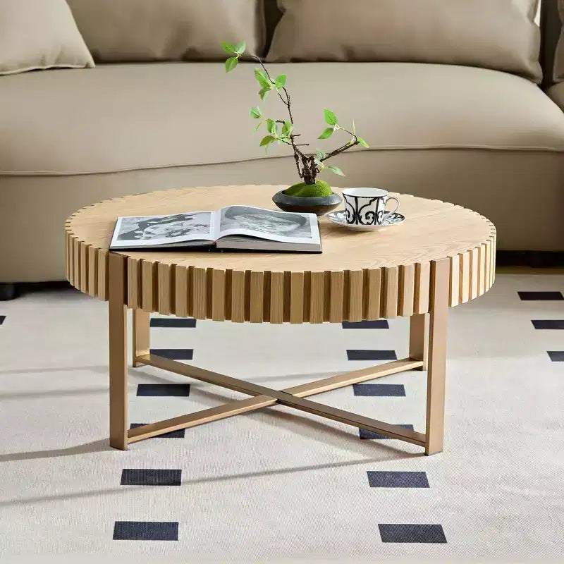 Modern Handcrafted Wooden Coffee Table, 31.5L with Sturdy Pedestal, Space-Saving Round Center Table for Small Living Room Office