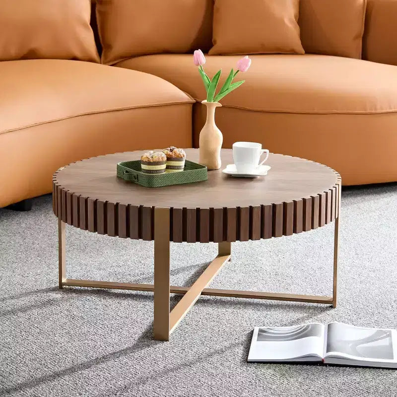 Modern Handcrafted Wooden Coffee Table, 31.5L with Sturdy Pedestal, Space-Saving Round Center Table for Small Living Room Office