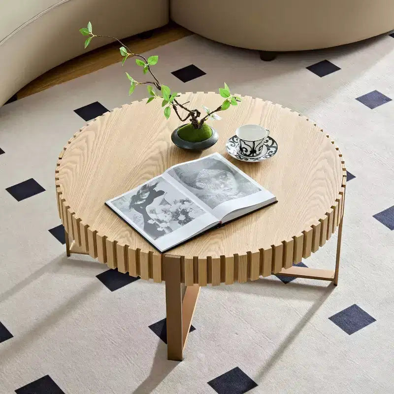 Modern Handcrafted Wooden Coffee Table, 31.5L with Sturdy Pedestal, Space-Saving Round Center Table for Small Living Room Office