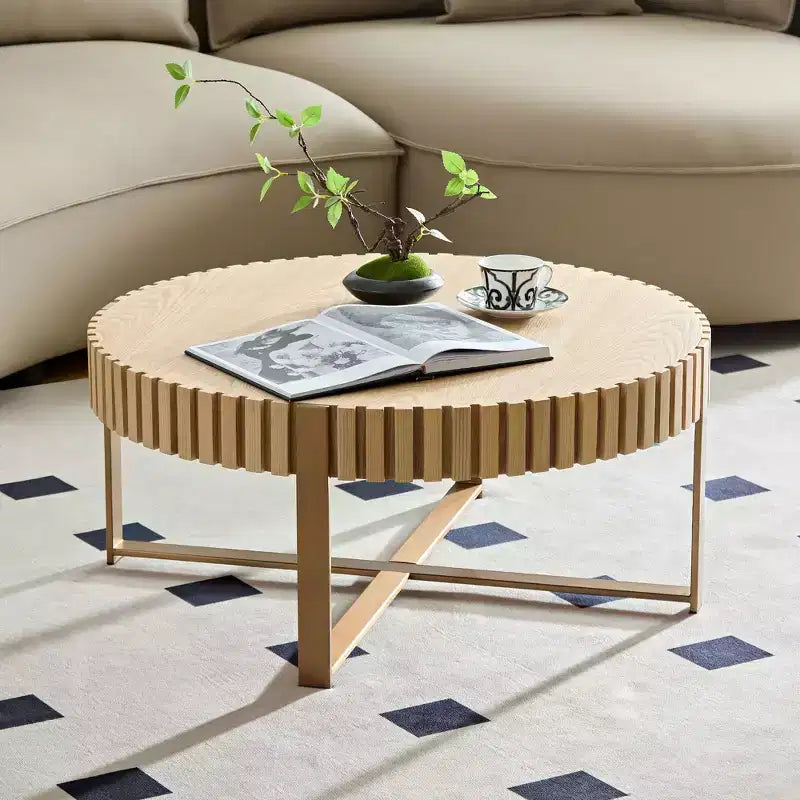 Modern Handcrafted Wooden Coffee Table, 31.5L with Sturdy Pedestal, Space-Saving Round Center Table for Small Living Room Office